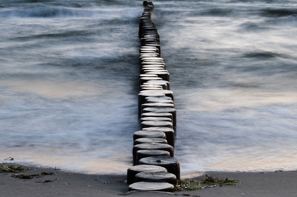 Long row of circular wood blocks with a smooth surface, reaching from the beach into the sea